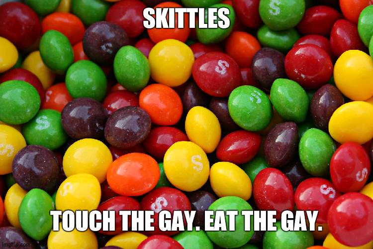 feel the rainbow. taste the rainbow. | SKITTLES; TOUCH THE GAY. EAT THE GAY. | image tagged in skittles | made w/ Imgflip meme maker