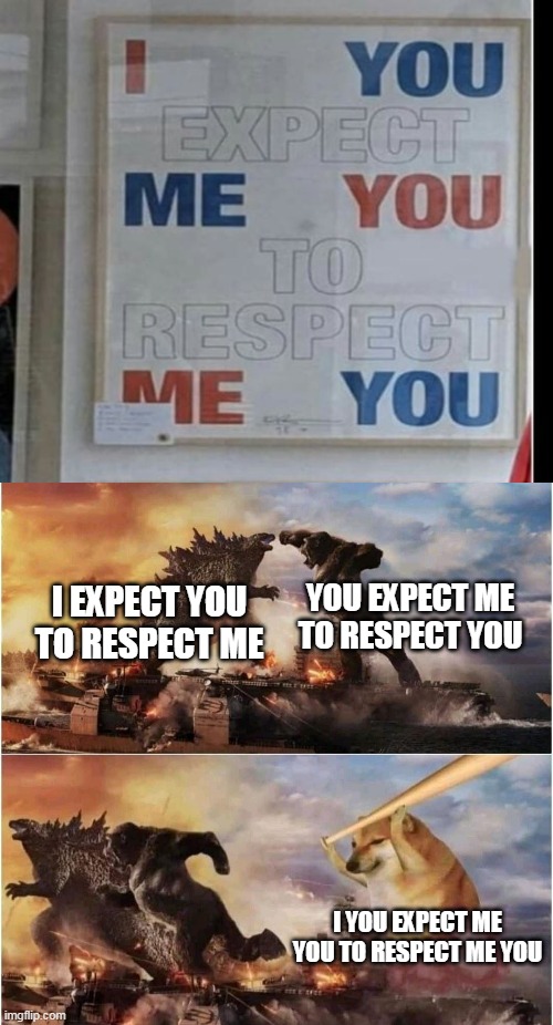 Designers are now idiot these days | YOU EXPECT ME TO RESPECT YOU; I EXPECT YOU TO RESPECT ME; I YOU EXPECT ME YOU TO RESPECT ME YOU | image tagged in kong godzilla doge,idiot signs,stupid signs | made w/ Imgflip meme maker