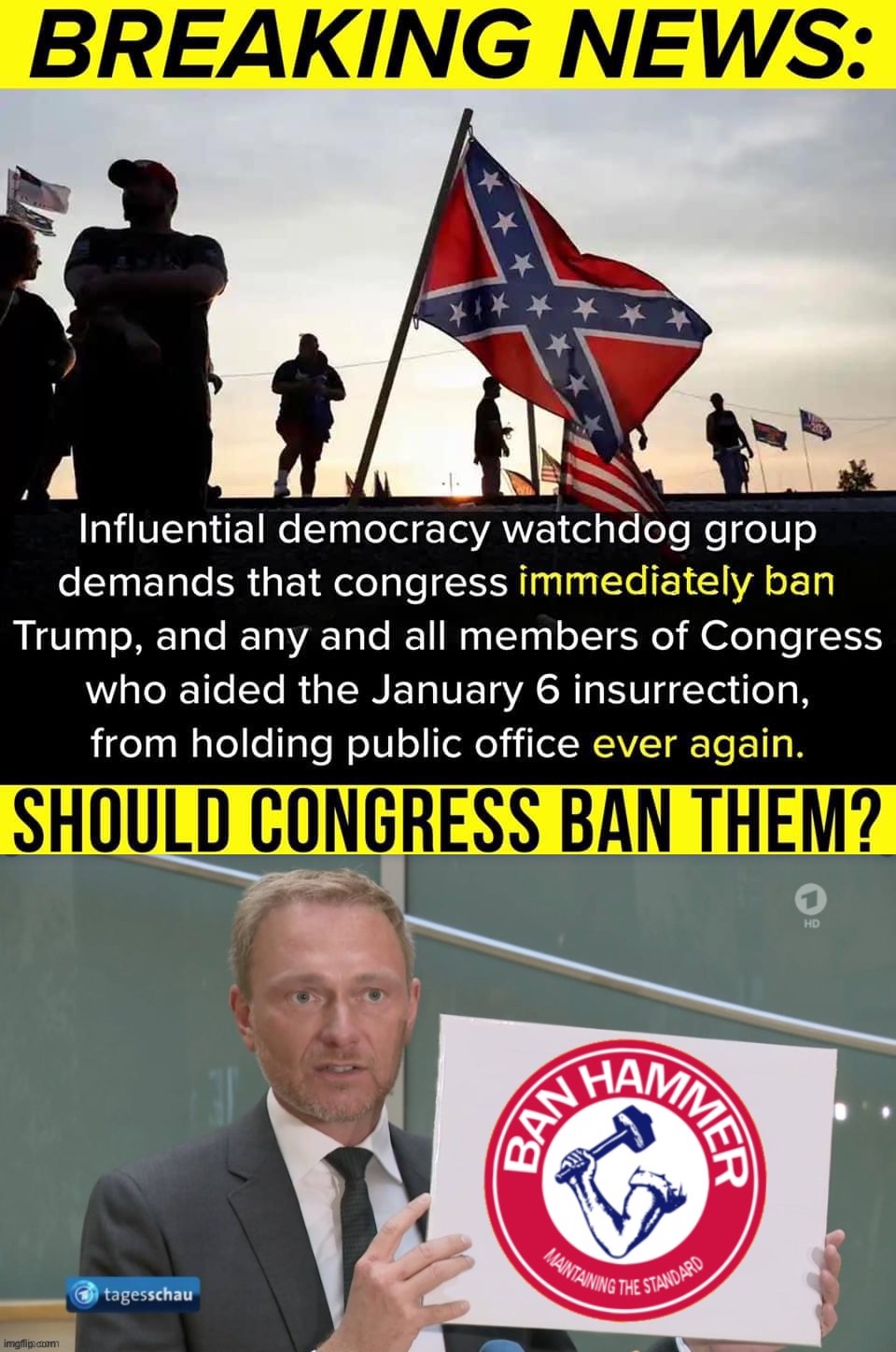 If we analogize the Jan. 6 riot instigators to a troll invasion of a civilized forum, it’d be a no-brainer. | image tagged in jan 6 republicans,banhammer proposal,banhammer,banned,democracy,fascism | made w/ Imgflip meme maker