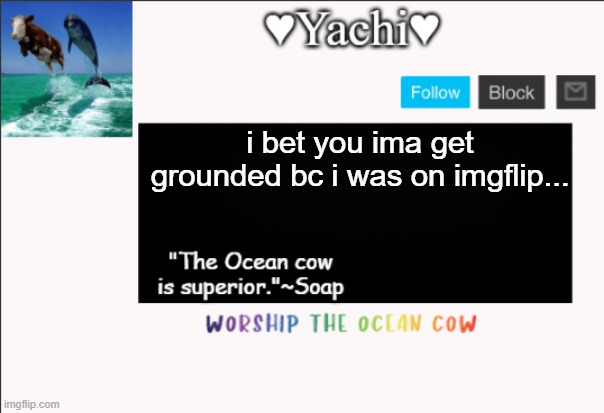 Yachi's ocean cow temp | i bet you ima get grounded bc i was on imgflip... | image tagged in yachi's ocean cow temp | made w/ Imgflip meme maker