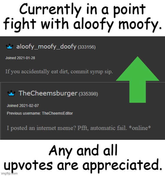 Currently in a point fight with aloofy moofy. Any and all upvotes are appreciated. | made w/ Imgflip meme maker