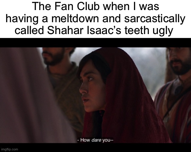 The Fan Club when I was having a meltdown and sarcastically called Shahar Isaac’s teeth ugly | image tagged in blank white template,the chosen,tantrum,how dare you,sarcasm | made w/ Imgflip meme maker