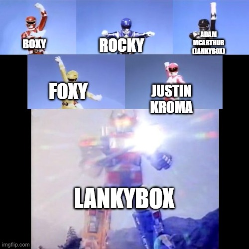 Lankybox in nutshell | ADAM MCARTHUR (LANKYBOX); ROCKY; BOXY; FOXY; JUSTIN KROMA; LANKYBOX | image tagged in power rangers,in a nutshell,lankybox | made w/ Imgflip meme maker