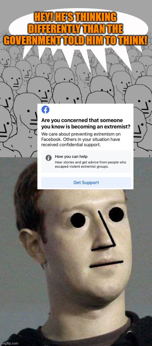 Facebook wants to send wrongthinkers to re-education camps | HEY! HE'S THINKING DIFFERENTLY THAN THE GOVERNMENT TOLD HIM TO THINK! | image tagged in npc-crowd,zuckerberg npc | made w/ Imgflip meme maker