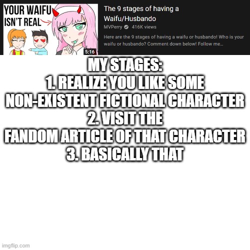 i dont need wallpapers, fanfictions, bodypillows. I just see her in picture once in a while | MY STAGES:
1. REALIZE YOU LIKE SOME NON-EXISTENT FICTIONAL CHARACTER
2. VISIT THE FANDOM ARTICLE OF THAT CHARACTER
3. BASICALLY THAT | image tagged in memes,blank transparent square | made w/ Imgflip meme maker