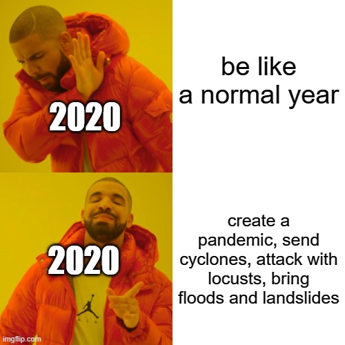 2020 meme |  be like a normal year; 2020; create a pandemic, send cyclones, attack with locusts, bring floods and landslides; 2020 | image tagged in memes | made w/ Imgflip meme maker