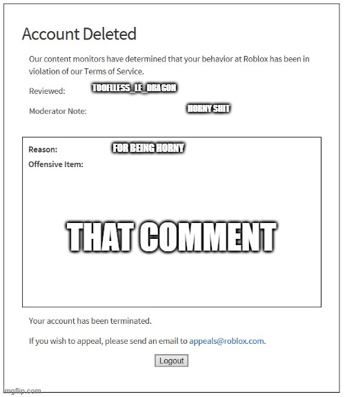 banned from ROBLOX | TOOFLLESS_LE_DRAGON HORNY SHIT FOR BEING HORNY THAT COMMENT | image tagged in banned from roblox | made w/ Imgflip meme maker