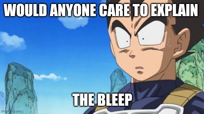 Surprized Vegeta Meme | WOULD ANYONE CARE TO EXPLAIN THE BLEEP | image tagged in memes,surprized vegeta | made w/ Imgflip meme maker