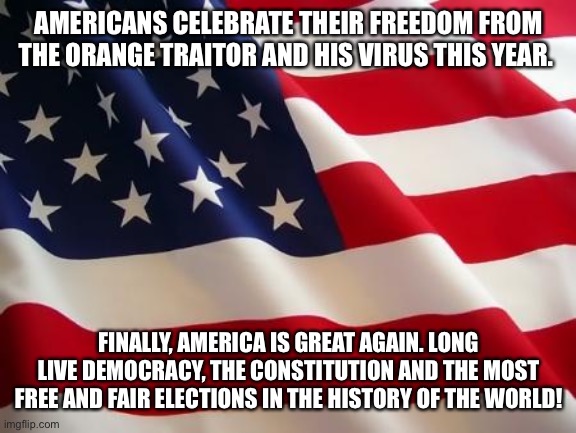 American flag | AMERICANS CELEBRATE THEIR FREEDOM FROM THE ORANGE TRAITOR AND HIS VIRUS THIS YEAR. FINALLY, AMERICA IS GREAT AGAIN. LONG LIVE DEMOCRACY, THE CONSTITUTION AND THE MOST FREE AND FAIR ELECTIONS IN THE HISTORY OF THE WORLD! | image tagged in american flag | made w/ Imgflip meme maker