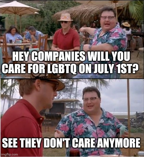 See Nobody Cares | HEY COMPANIES WILL YOU CARE FOR LGBTQ ON JULY 1ST? SEE THEY DON'T CARE ANYMORE | image tagged in memes,see nobody cares | made w/ Imgflip meme maker