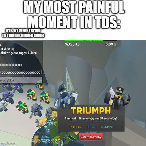 MY MOST PAINFUL MOMENT IN TDS:; [YES WE WERE TRYING TO TRIGGER HIDDEN WAVE] | image tagged in roblox,tds,tower defense,pain | made w/ Imgflip meme maker