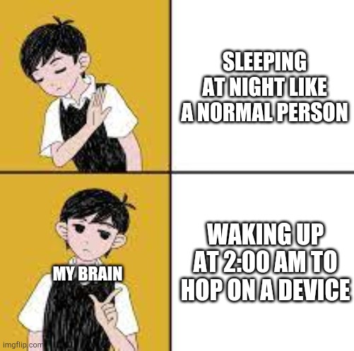 Why | SLEEPING AT NIGHT LIKE A NORMAL PERSON; WAKING UP AT 2:00 AM TO HOP ON A DEVICE; MY BRAIN | image tagged in omori drake meme | made w/ Imgflip meme maker