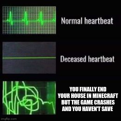Minecraft | YOU FINALLY END YOUR HOUSE IN MINECRAFT BUT THE GAME CRASHES AND YOU HAVEN'T SAVE | image tagged in heartbeat rate | made w/ Imgflip meme maker