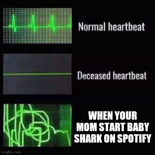Baby SUS | WHEN YOUR MOM START BABY SHARK ON SPOTIFY | image tagged in heartbeat rate,baby shark,mom,spotify | made w/ Imgflip meme maker