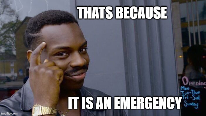 Roll Safe Think About It Meme | THATS BECAUSE IT IS AN EMERGENCY | image tagged in memes,roll safe think about it | made w/ Imgflip meme maker