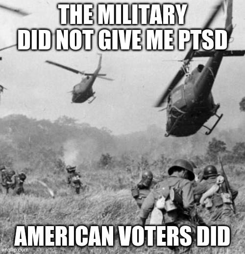 The Hard Truth |  THE MILITARY DID NOT GIVE ME PTSD; AMERICAN VOTERS DID | image tagged in blank ptsd template,the hard truth,ptsd,american voters,no more freedom,why defend this mess | made w/ Imgflip meme maker