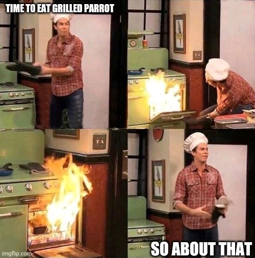 Spencer oven fire | TIME TO EAT GRILLED PARROT SO ABOUT THAT | image tagged in spencer oven fire | made w/ Imgflip meme maker