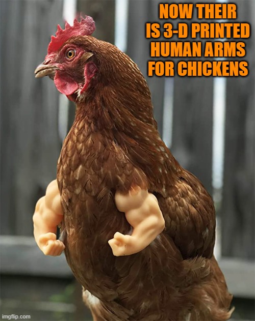NOW THEIR IS 3-D PRINTED HUMAN ARMS FOR CHICKENS | made w/ Imgflip meme maker