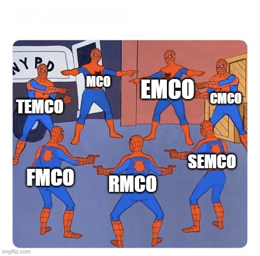 Joke of Malaysia | MCO; EMCO; CMCO; TEMCO; SEMCO; FMCO; RMCO | image tagged in 7 spidermen pointing | made w/ Imgflip meme maker