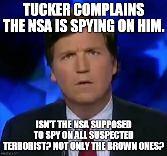 tucker's white privilege runs out | TUCKER COMPLAINS THE NSA IS SPYING ON HIM. ISN'T THE NSA SUPPOSED TO SPY ON ALL SUSPECTED TERRORIST? NOT ONLY THE BROWN ONES? | image tagged in tucker carlson,conservatives,maga,trump supporter,qanon | made w/ Imgflip meme maker