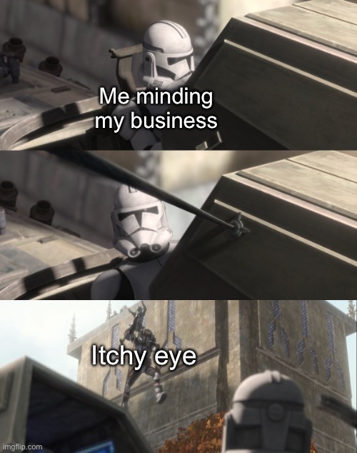 Clone looks at Bad Batch | Me minding my business; Itchy eye | image tagged in clone looks at bad batch | made w/ Imgflip meme maker