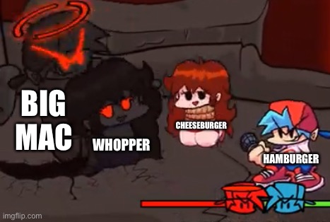 Expurgation but Boyfriend and Girlfriend | BIG MAC; CHEESEBURGER; WHOPPER; HAMBURGER | image tagged in expurgation but boyfriend and girlfriend | made w/ Imgflip meme maker