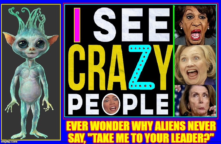 A few of the "Leaders" We the People continue to elect. | EVER WONDER WHY ALIENS NEVER SAY, "TAKE ME TO YOUR LEADER?" | image tagged in vince vance,hillary clinton,nancy pelosi,maxine waters,crazy aoc,alien memes | made w/ Imgflip meme maker