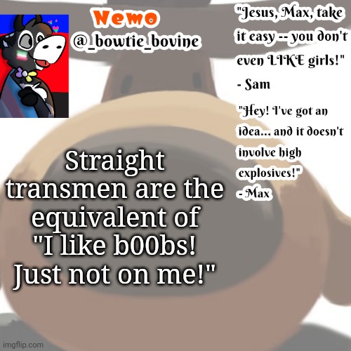 Nemo's announcement template sam and max | Straight transmen are the equivalent of "I like b00bs! Just not on me!" | image tagged in nemo's announcement template sam and max | made w/ Imgflip meme maker