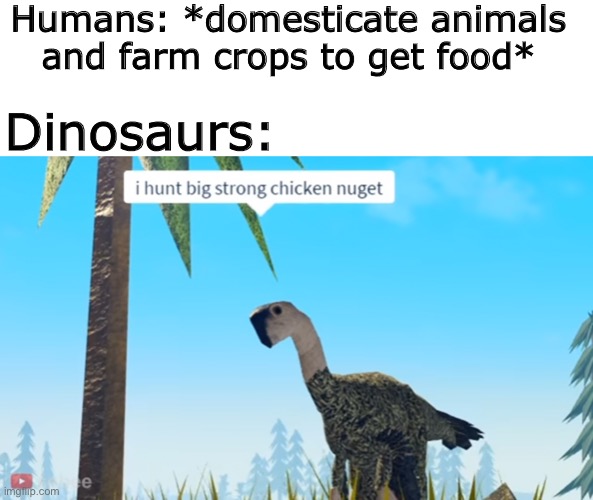 i hunt big strong chicken nuget | Humans: *domesticate animals and farm crops to get food*; Dinosaurs: | image tagged in blank white template,memes,funny,dinosaur,roblox,not really a gif | made w/ Imgflip meme maker
