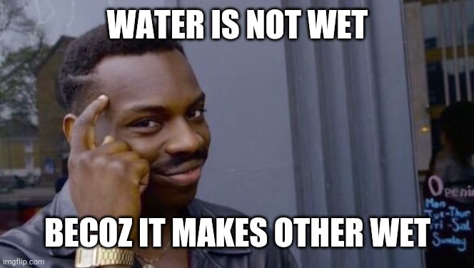 Water isn't wet |  WATER IS NOT WET; BECOZ IT MAKES OTHER WET | image tagged in knowledge,wet | made w/ Imgflip meme maker