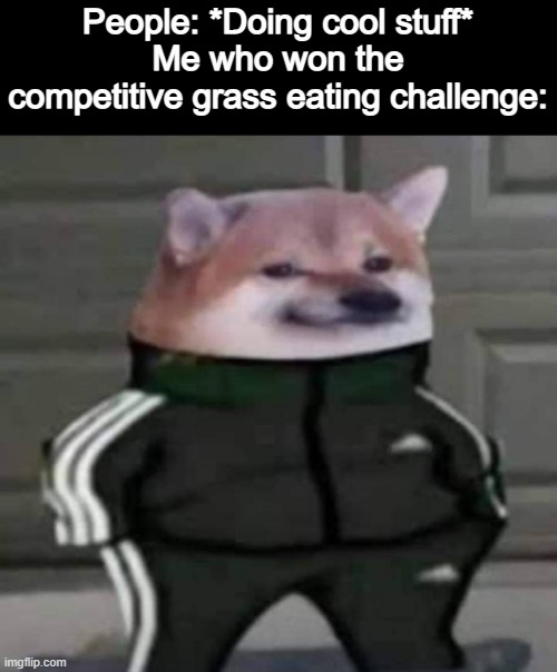 Slav doge | People: *Doing cool stuff*
Me who won the competitive grass eating challenge: | image tagged in slav doge | made w/ Imgflip meme maker