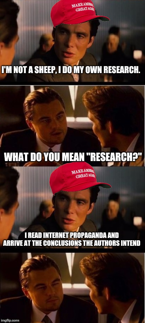 MAGA Inception | I'M NOT A SHEEP, I DO MY OWN RESEARCH. WHAT DO YOU MEAN "RESEARCH?"; I READ INTERNET PROPAGANDA AND ARRIVE AT THE CONCLUSIONS THE AUTHORS INTEND | image tagged in seasick inception,memes | made w/ Imgflip meme maker