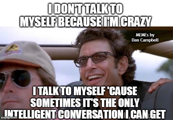 you crazy son of a bitch, you did it | I DON'T TALK TO MYSELF BECAUSE I'M CRAZY; MEMEs by Dan Campbell; I TALK TO MYSELF 'CAUSE SOMETIMES IT'S THE ONLY INTELLIGENT CONVERSATION I CAN GET | image tagged in you crazy son of a bitch you did it | made w/ Imgflip meme maker