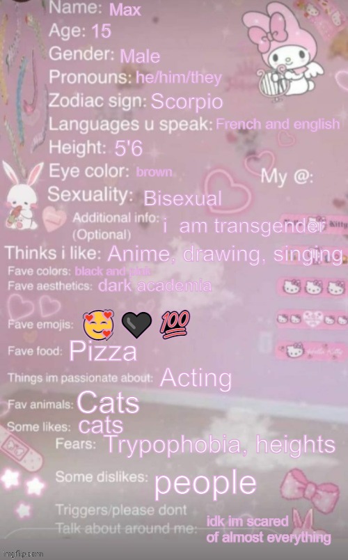 this is a template | Max; 15; Male; he/him/they; Scorpio; French and english; 5'6; brown; Bisexual; i  am transgender; Anime, drawing, singing; black and pink; dark academia; 🥰🖤💯; Pizza; Acting; Cats; cats; Trypophobia, heights; people; idk im scared of almost everything | image tagged in this is a template | made w/ Imgflip meme maker