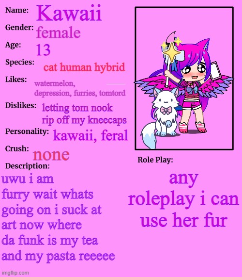 ay | Kawaii; female; 13; cat human hybrid; watermelon, depression, furries, tomtord; letting tom nook rip off my kneecaps; kawaii, feral; none; any roleplay i can use her fur; uwu i am furry wait whats going on i suck at art now where da funk is my tea and my pasta reeeee | made w/ Imgflip meme maker