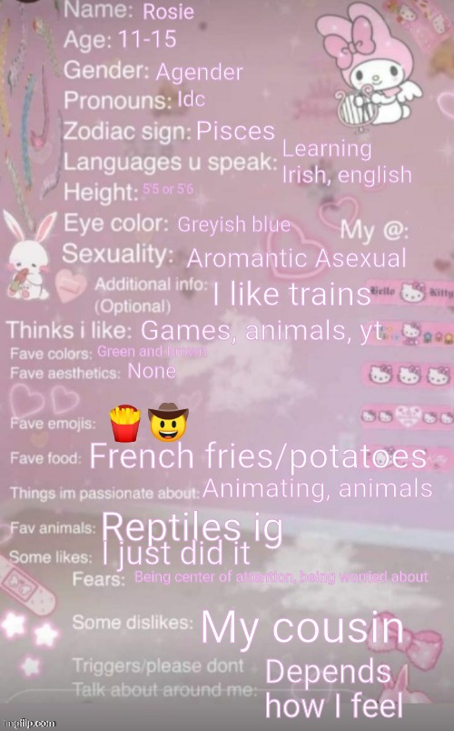 Bored af | Rosie; 11-15; Agender; Idc; Pisces; Learning Irish, english; 5'5 or 5'6; Greyish blue; Aromantic Asexual; I like trains; Games, animals, yt; Green and brown; None; 🍟🤠; French fries/potatoes; Animating, animals; Reptiles ig; I just did it; Being center of attention, being worried about; My cousin; Depends how I feel | image tagged in this is a template | made w/ Imgflip meme maker