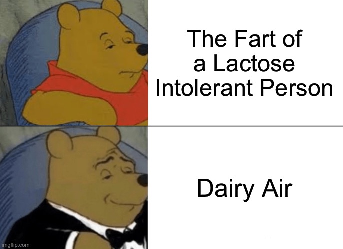 Tuxedo Winnie The Pooh | The Fart of a Lactose Intolerant Person; Dairy Air | image tagged in memes,tuxedo winnie the pooh,lactose intolerant,farts | made w/ Imgflip meme maker
