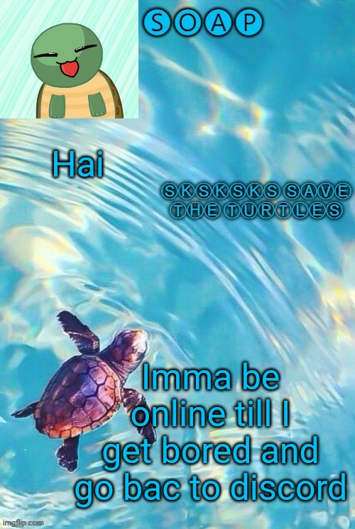 Soaps turtle temp | Hai; Imma be online till I get bored and go bac to discord | image tagged in soaps turtle temp ty yachi | made w/ Imgflip meme maker