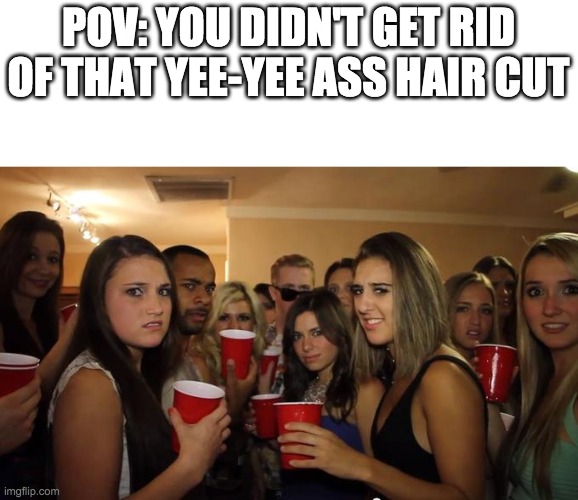 Party Girls Looking at you POV | POV: YOU DIDN'T GET RID OF THAT YEE-YEE ASS HAIR CUT | image tagged in party girls looking at you pov | made w/ Imgflip meme maker