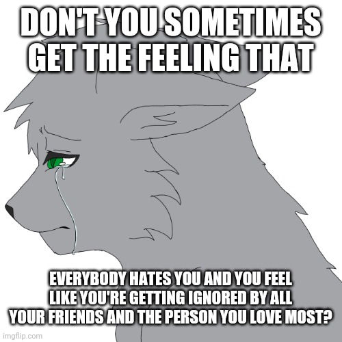 Welcome to my life every single day | DON'T YOU SOMETIMES GET THE FEELING THAT; EVERYBODY HATES YOU AND YOU FEEL LIKE YOU'RE GETTING IGNORED BY ALL YOUR FRIENDS AND THE PERSON YOU LOVE MOST? | image tagged in depressed loki,furry,depressed | made w/ Imgflip meme maker