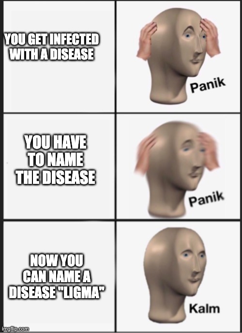 Panik Panik Kalm | YOU GET INFECTED WITH A DISEASE; YOU HAVE TO NAME THE DISEASE; NOW YOU CAN NAME A DISEASE "LIGMA" | image tagged in panik panik kalm | made w/ Imgflip meme maker