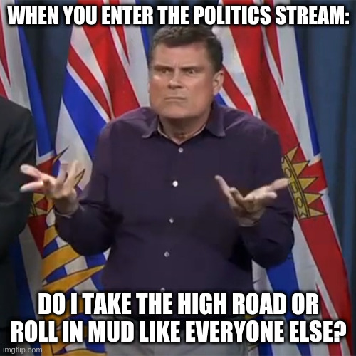 Dunno | WHEN YOU ENTER THE POLITICS STREAM:; DO I TAKE THE HIGH ROAD OR ROLL IN MUD LIKE EVERYONE ELSE? | image tagged in dunno | made w/ Imgflip meme maker