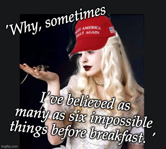 Based in the classics | 'Why, sometimes; I've believed as many as six impossible things before breakfast. ' | image tagged in maga white queen,impossible,fake | made w/ Imgflip meme maker