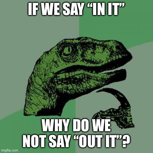 stop, grammar time | IF WE SAY “IN IT”; WHY DO WE NOT SAY “OUT IT”? | image tagged in philosoraptor,funny,grammar,hammer time | made w/ Imgflip meme maker