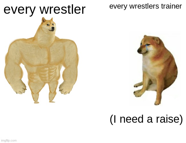 Buff Doge vs. Cheems | every wrestler; every wrestlers trainer; (I need a raise) | image tagged in memes,buff doge vs cheems | made w/ Imgflip meme maker