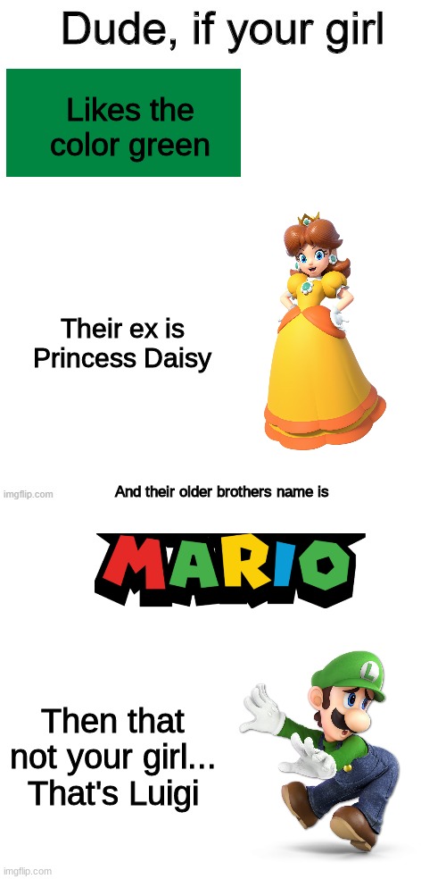 How did you catch a girl this hot? | Likes the color green; Their ex is Princess Daisy; And their older brothers name is; Then that not your girl...
That's Luigi | image tagged in dude if your girl | made w/ Imgflip meme maker