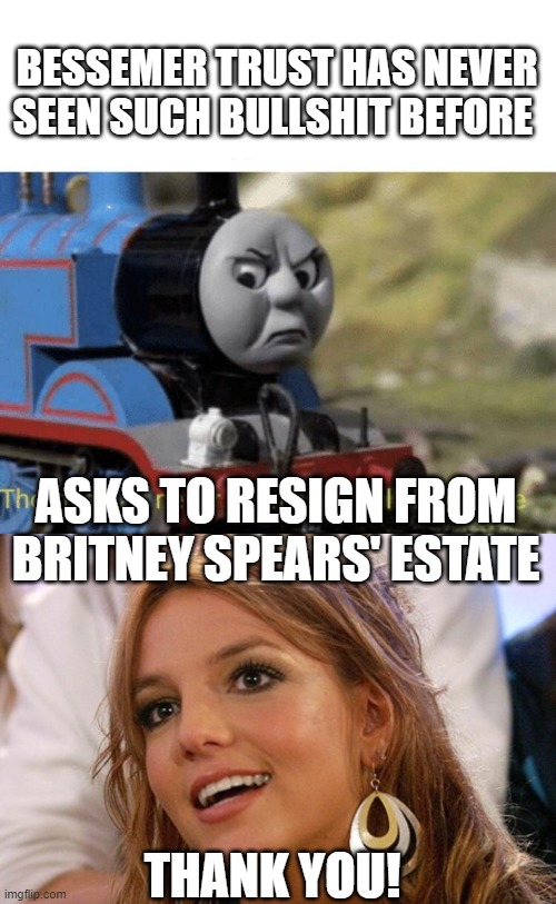 When a company turns down profits, you know there is a real problem with the product | BESSEMER TRUST HAS NEVER SEEN SUCH BULLSHIT BEFORE; ASKS TO RESIGN FROM BRITNEY SPEARS' ESTATE; THANK YOU! | image tagged in thomas had never seen such bullshit before,memes,britney spears,free brittany,politics | made w/ Imgflip meme maker