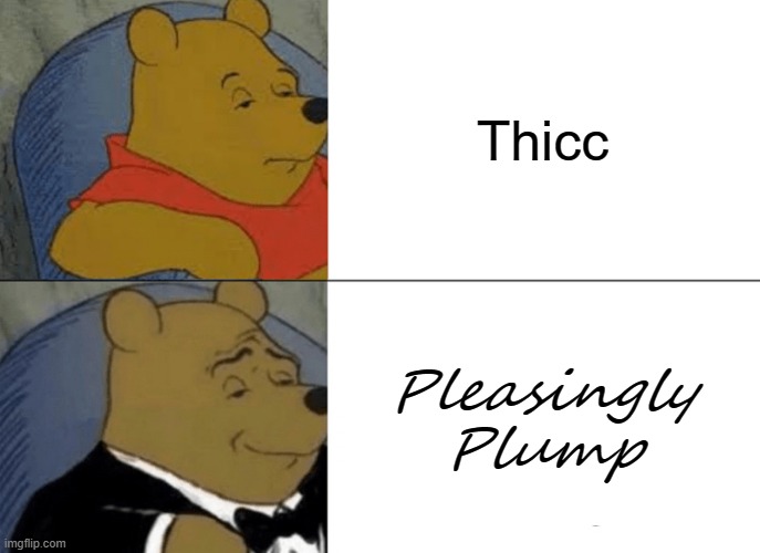 Pleasingly Plump | Thicc; Pleasingly Plump | image tagged in memes,tuxedo winnie the pooh | made w/ Imgflip meme maker