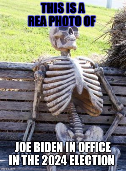 Waiting Skeleton | THIS IS A REA PHOTO OF; JOE BIDEN IN OFFICE IN THE 2024 ELECTION | image tagged in memes,waiting skeleton | made w/ Imgflip meme maker