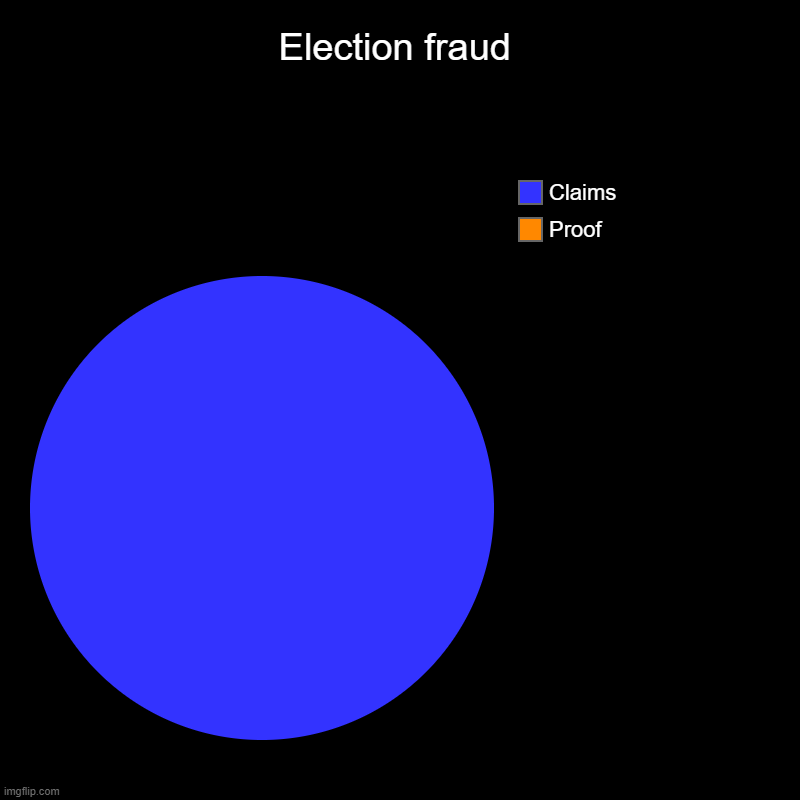 unless of course, ya'll somehow have any proof. if you do, please, show me. show the world | Election fraud | Proof, Claims | image tagged in charts,pie charts | made w/ Imgflip chart maker